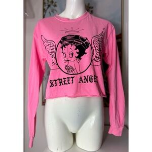 Betty Boop Pink Street Angel Motorcycle Graphic Long Sleeve Crop Top Size Medium